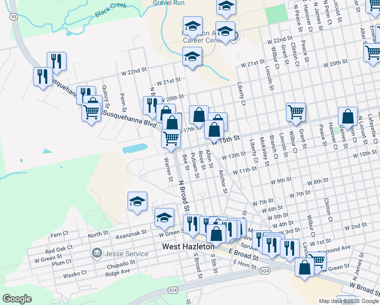 map of restaurants, bars, coffee shops, grocery stores, and more near 113 Washington Ave in West Hazleton