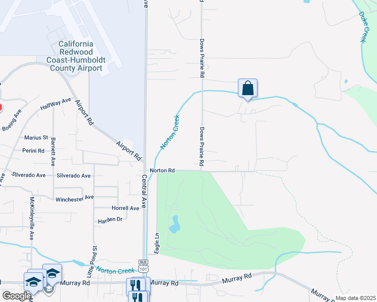 map of restaurants, bars, coffee shops, grocery stores, and more near 3278 Dows Prairie Road in McKinleyville