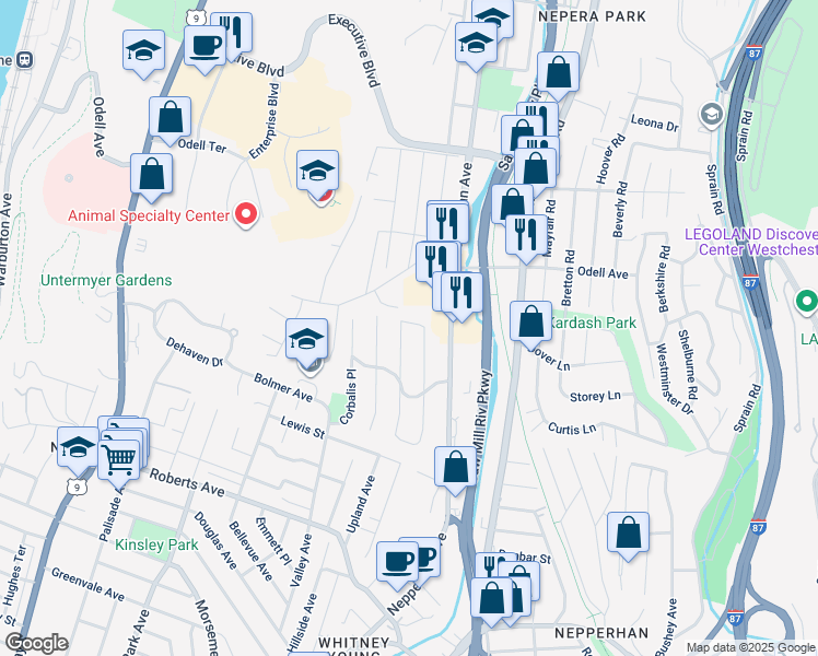 map of restaurants, bars, coffee shops, grocery stores, and more near 49 Serena Lane in Yonkers