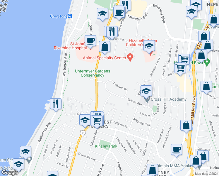map of restaurants, bars, coffee shops, grocery stores, and more near 12 Dehaven Drive in Yonkers