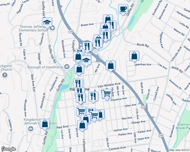 map of restaurants, bars, coffee shops, grocery stores, and more near 445 Lafayette Avenue in Hawthorne