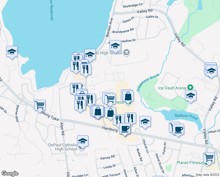 map of restaurants, bars, coffee shops, grocery stores, and more near 701 Brittany Drive in Wayne