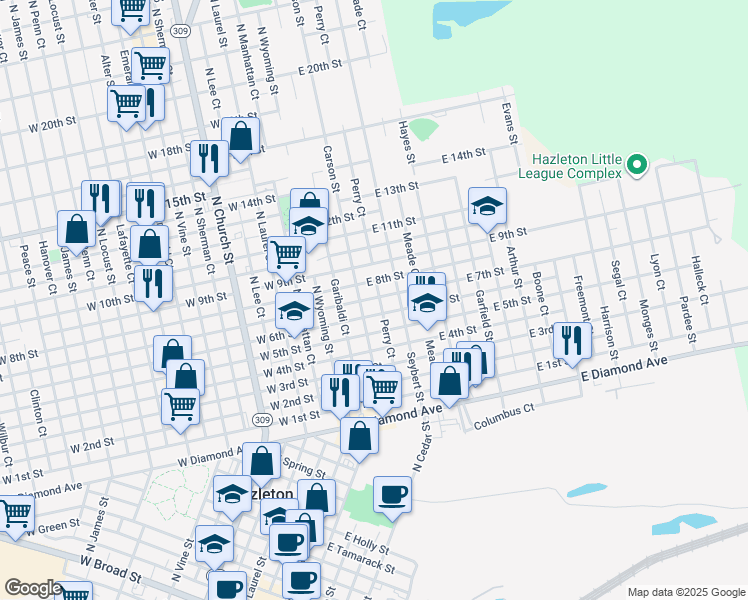 map of restaurants, bars, coffee shops, grocery stores, and more near 641 Carson Street in Hazleton