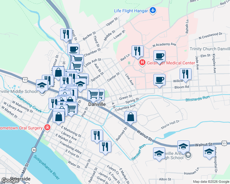 map of restaurants, bars, coffee shops, grocery stores, and more near 2 Washington Court in Danville