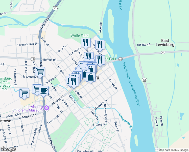 map of restaurants, bars, coffee shops, grocery stores, and more near in Lewisburg