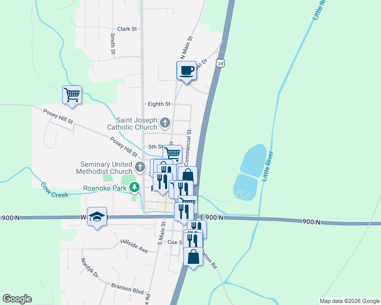 map of restaurants, bars, coffee shops, grocery stores, and more near 526 Commercial Street in Roanoke