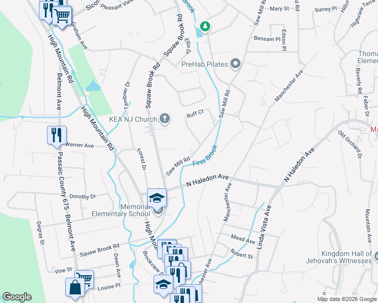 map of restaurants, bars, coffee shops, grocery stores, and more near 71 Saw Mill Road in North Haledon