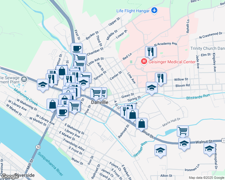 map of restaurants, bars, coffee shops, grocery stores, and more near 407 Bloom Street in Danville