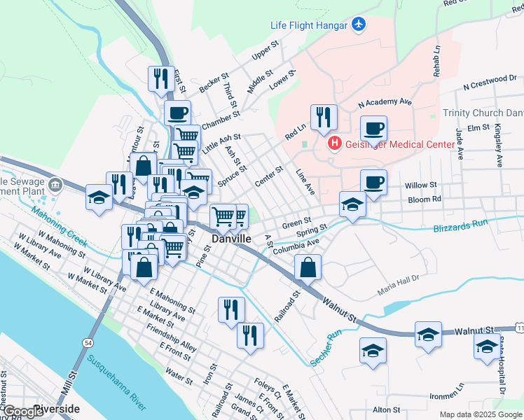 map of restaurants, bars, coffee shops, grocery stores, and more near 407 Bloom Street in Danville
