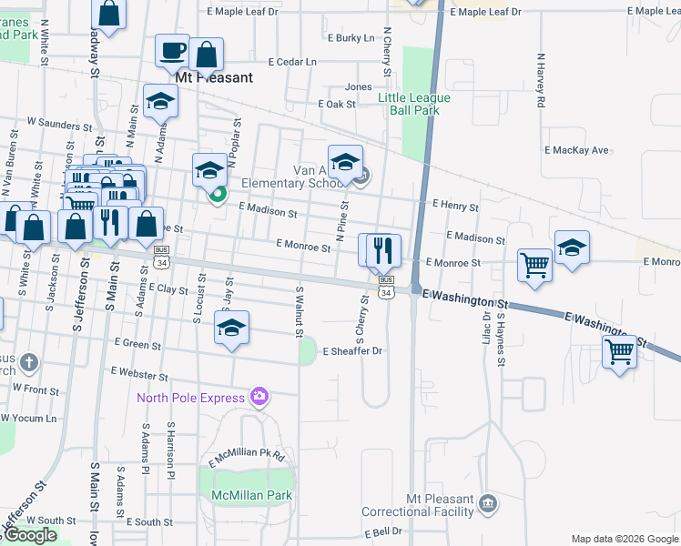 map of restaurants, bars, coffee shops, grocery stores, and more near 153-199 South Pine Street in Mount Pleasant