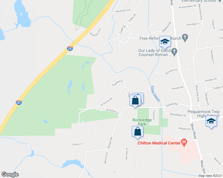 map of restaurants, bars, coffee shops, grocery stores, and more near 410 Chatfield Drive in Pequannock Township
