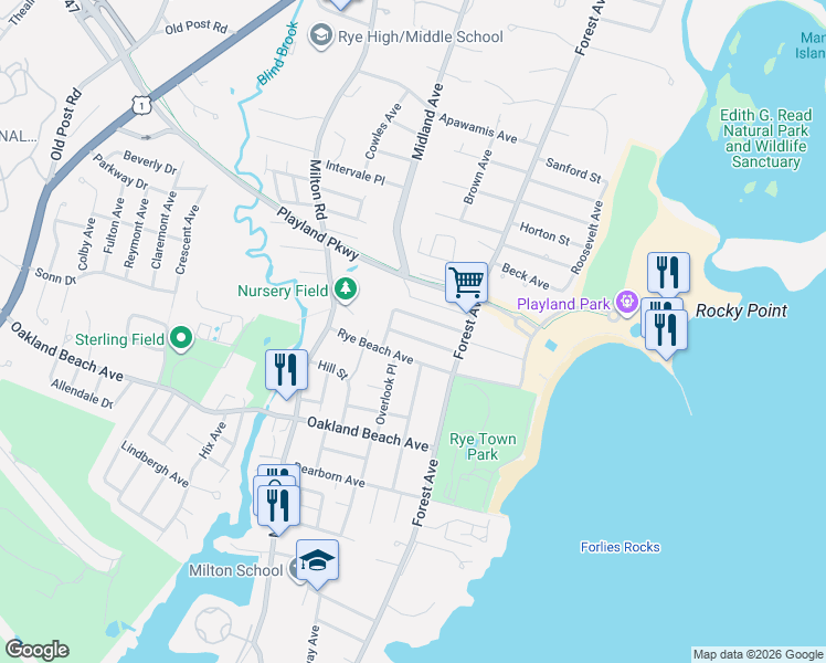 map of restaurants, bars, coffee shops, grocery stores, and more near 19 Elmwood Avenue in Rye