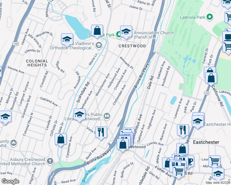 map of restaurants, bars, coffee shops, grocery stores, and more near 188 Crestwood Avenue in Yonkers