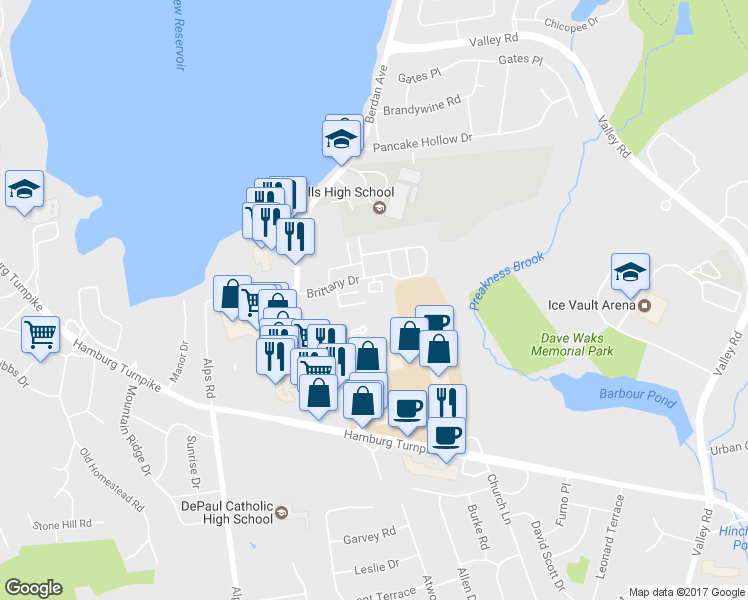 map of restaurants, bars, coffee shops, grocery stores, and more near 701 Brittany Drive in Wayne