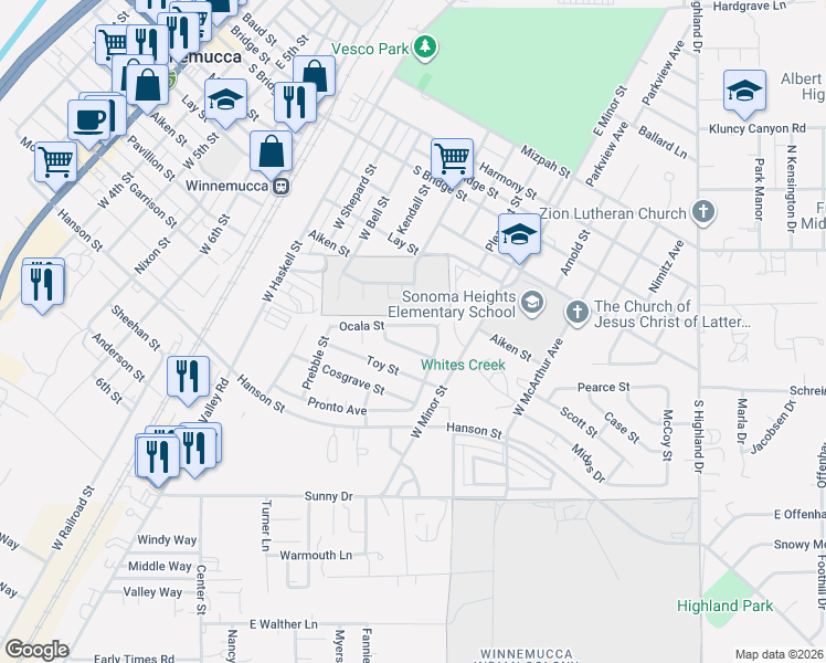 map of restaurants, bars, coffee shops, grocery stores, and more near 1339 Ocala Street in Winnemucca