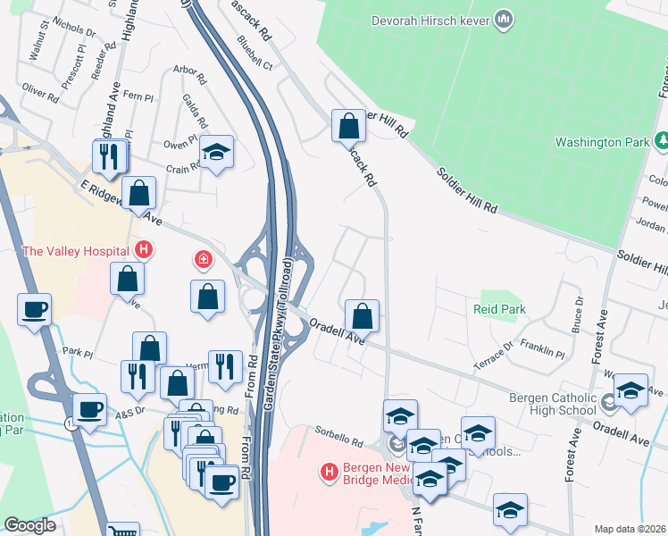 map of restaurants, bars, coffee shops, grocery stores, and more near 666 Rutgers Place in Paramus