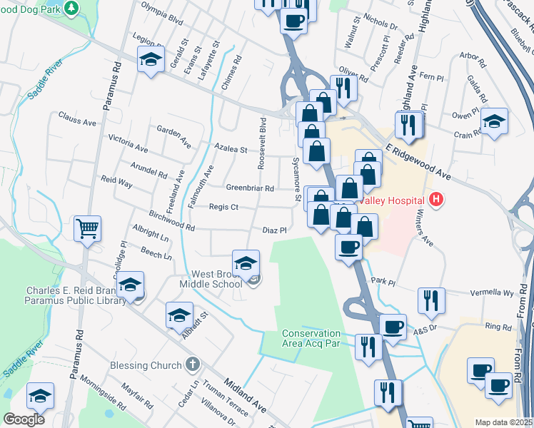 map of restaurants, bars, coffee shops, grocery stores, and more near 62 Sycamore Street in Paramus