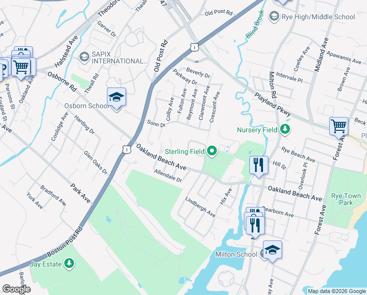 map of restaurants, bars, coffee shops, grocery stores, and more near 23 Thorne Place in Rye