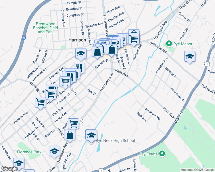 map of restaurants, bars, coffee shops, grocery stores, and more near 145 Harrison Avenue in Harrison