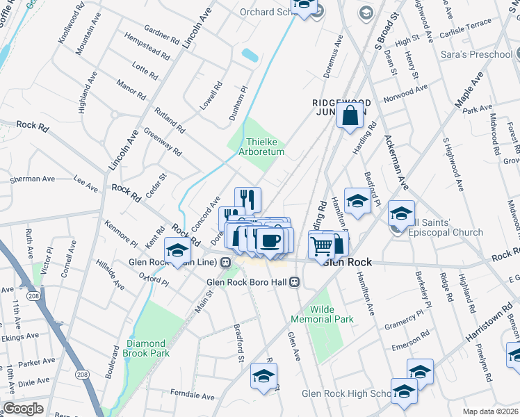 map of restaurants, bars, coffee shops, grocery stores, and more near 175 Rock Road in Glen Rock
