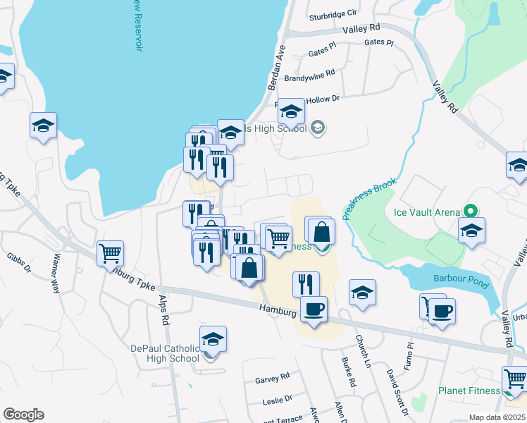 map of restaurants, bars, coffee shops, grocery stores, and more near 420 Brittany Drive in Wayne