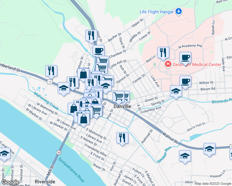 map of restaurants, bars, coffee shops, grocery stores, and more near 144 Center Street in Danville