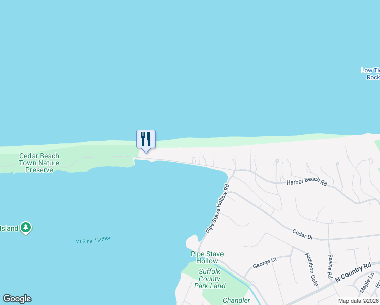 map of restaurants, bars, coffee shops, grocery stores, and more near 169 Harbor Beach Road in Mount Sinai