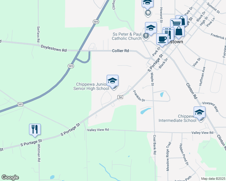 map of restaurants, bars, coffee shops, grocery stores, and more near 466 South Portage Street in Doylestown