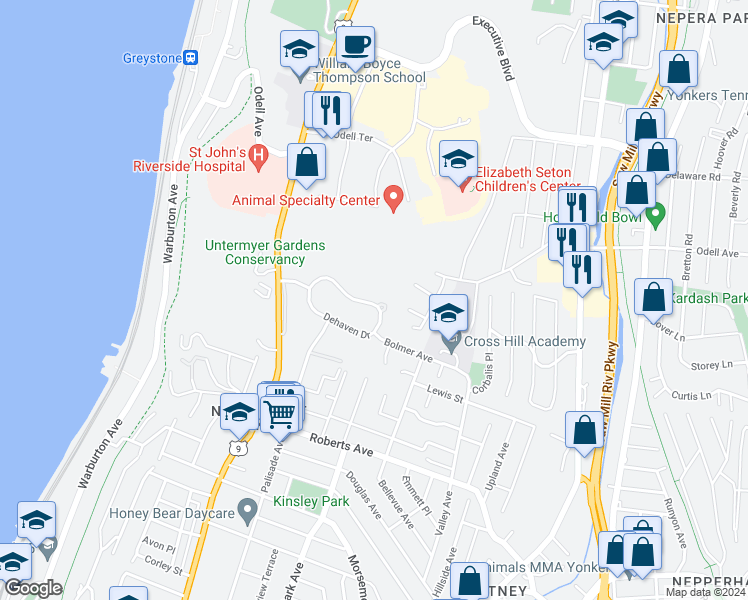 map of restaurants, bars, coffee shops, grocery stores, and more near 98 Dehaven Drive in Yonkers