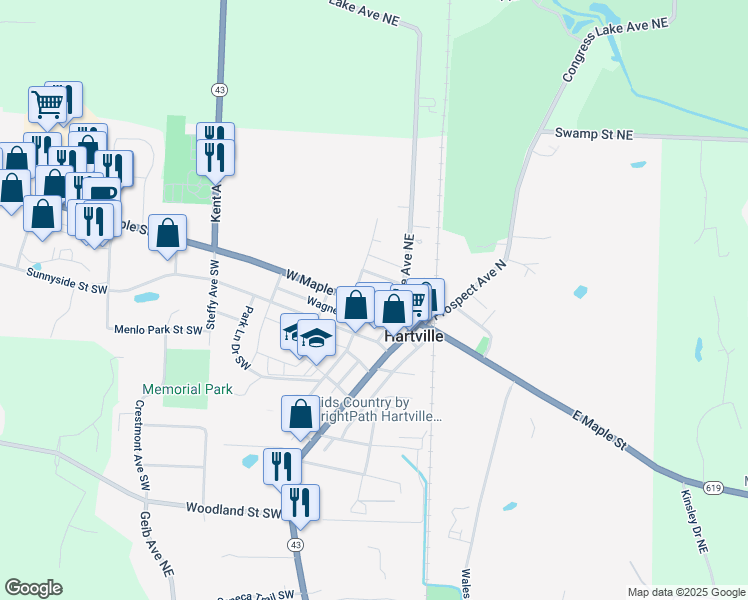 map of restaurants, bars, coffee shops, grocery stores, and more near 227 West Maple Street in Hartville