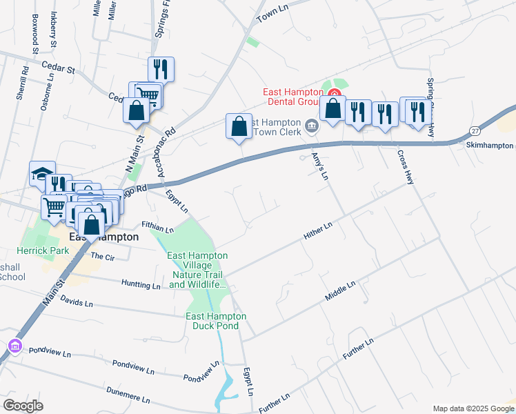 map of restaurants, bars, coffee shops, grocery stores, and more near 40 Egypt Close in East Hampton