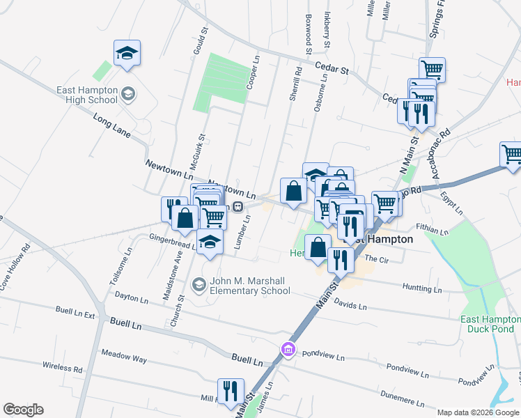 map of restaurants, bars, coffee shops, grocery stores, and more near 7 Railroad Avenue in East Hampton