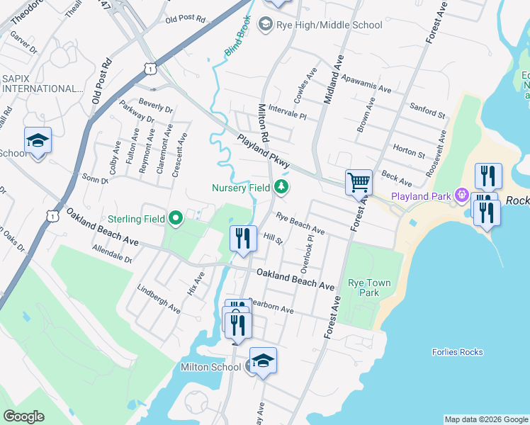 map of restaurants, bars, coffee shops, grocery stores, and more near 452 Milton Road in Rye