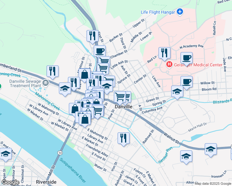 map of restaurants, bars, coffee shops, grocery stores, and more near 152 Center Street in Danville