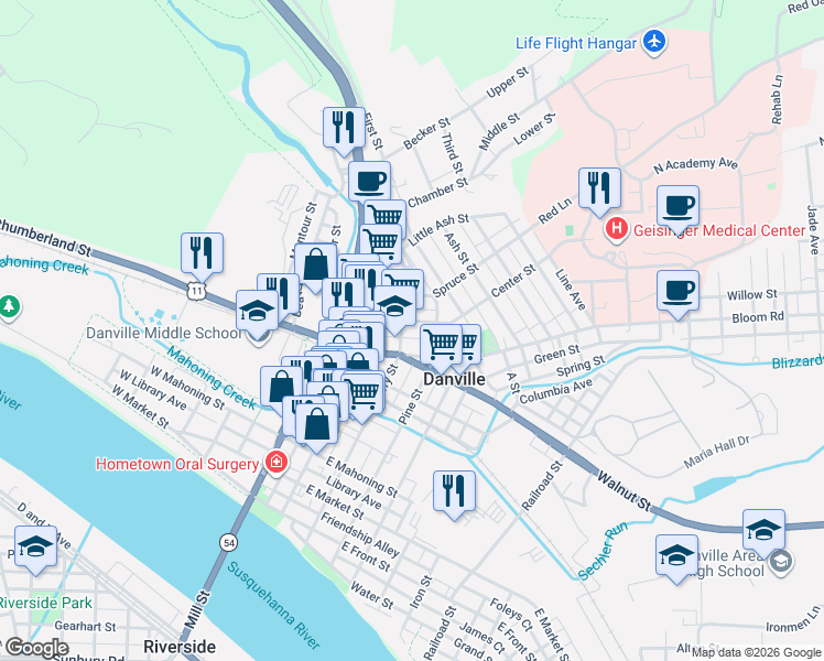 map of restaurants, bars, coffee shops, grocery stores, and more near 144 Center Street in Danville