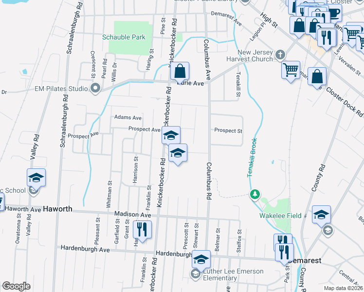 map of restaurants, bars, coffee shops, grocery stores, and more near 146 Woodland Road in Demarest