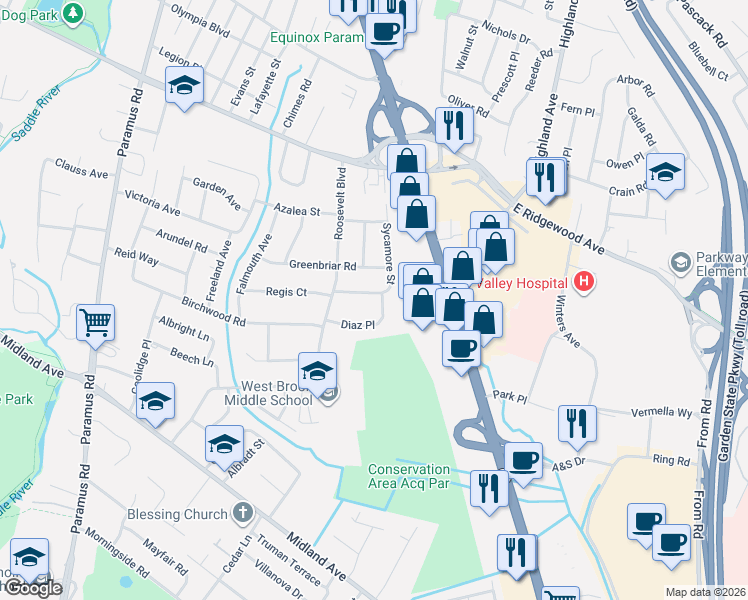 map of restaurants, bars, coffee shops, grocery stores, and more near 38 Sycamore Street in Paramus