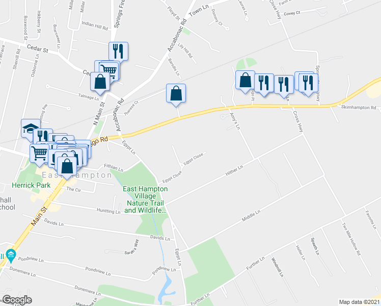 map of restaurants, bars, coffee shops, grocery stores, and more near 40 Egypt Close in East Hampton
