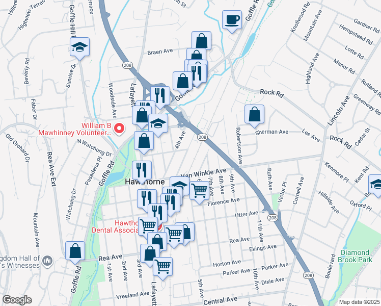 map of restaurants, bars, coffee shops, grocery stores, and more near 111 Ethel Avenue in Hawthorne