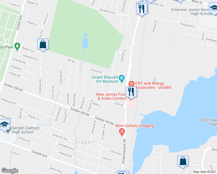 map of restaurants, bars, coffee shops, grocery stores, and more near 688 East Drive in Oradell