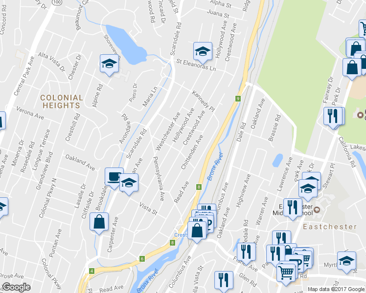 map of restaurants, bars, coffee shops, grocery stores, and more near 188 Crestwood Avenue in Yonkers