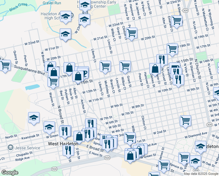 map of restaurants, bars, coffee shops, grocery stores, and more near 761 McKinley Street in Hazleton