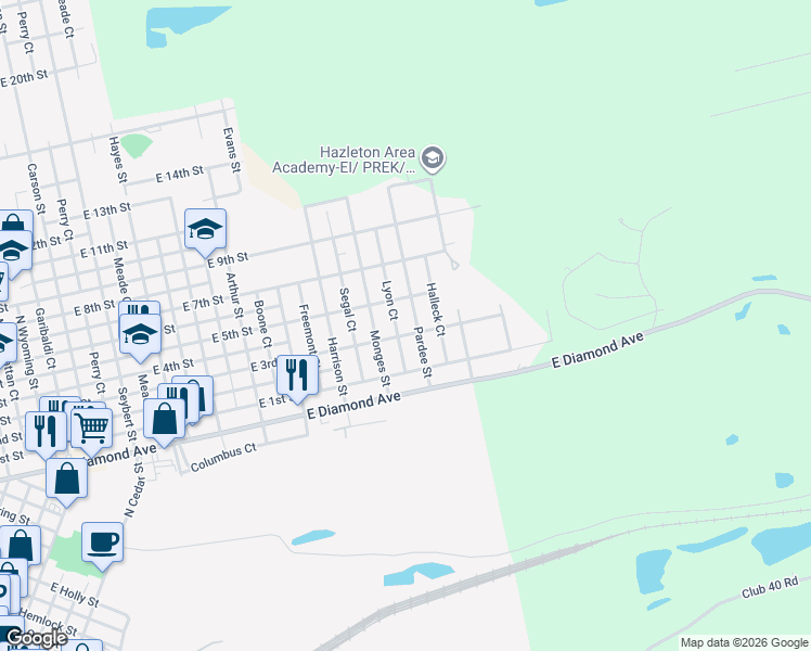 map of restaurants, bars, coffee shops, grocery stores, and more near 597 Monges Street in Hazleton