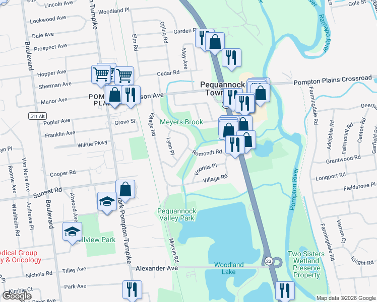 map of restaurants, bars, coffee shops, grocery stores, and more near 27 Romondt Road in Pequannock Township