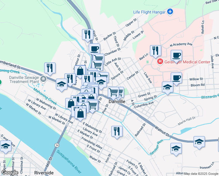 map of restaurants, bars, coffee shops, grocery stores, and more near 152 Center Street in Danville