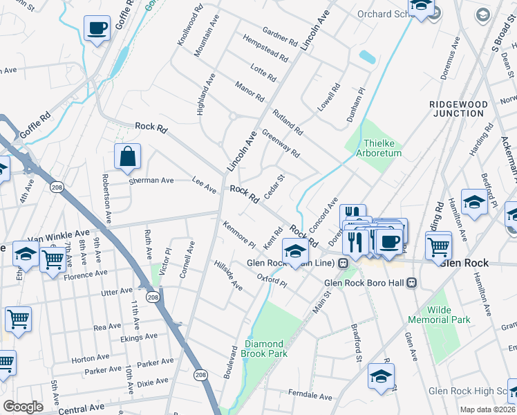 map of restaurants, bars, coffee shops, grocery stores, and more near 54 Rock Road in Glen Rock