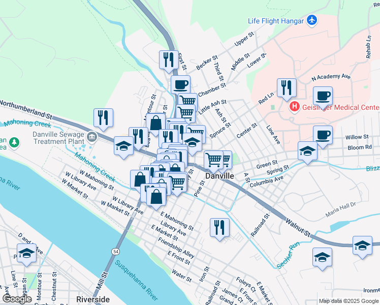 map of restaurants, bars, coffee shops, grocery stores, and more near 52 Center Street in Danville