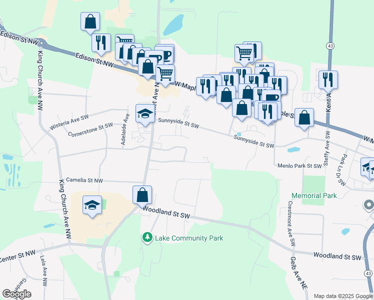 map of restaurants, bars, coffee shops, grocery stores, and more near 1127 Lauren Crest Street Southwest in Hartville
