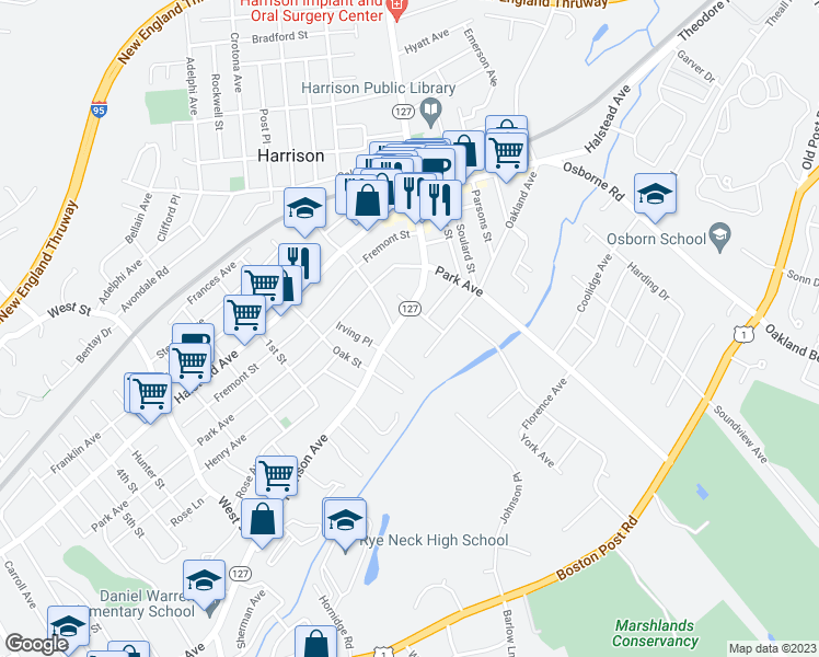 map of restaurants, bars, coffee shops, grocery stores, and more near 145 Harrison Avenue in Harrison