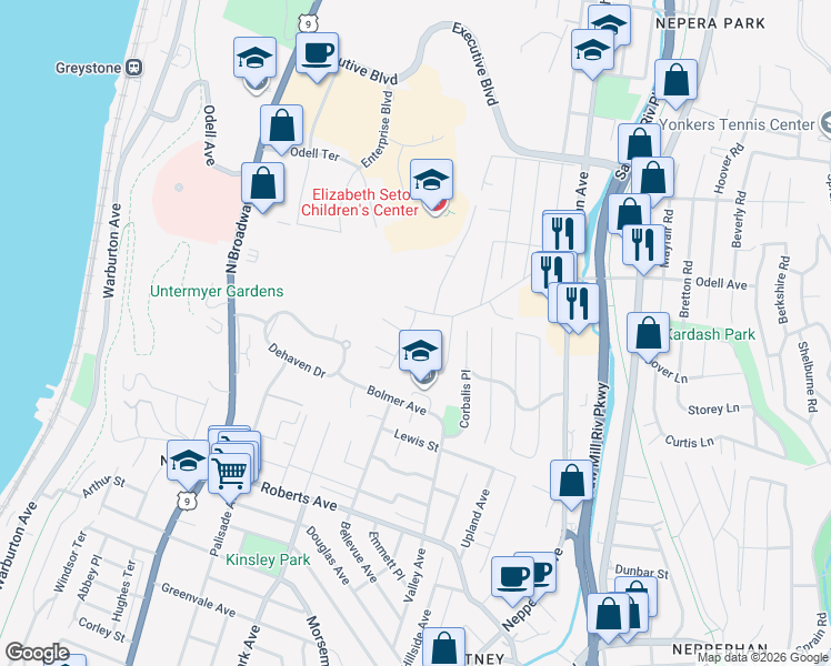 map of restaurants, bars, coffee shops, grocery stores, and more near 9 Valerie Drive in Yonkers
